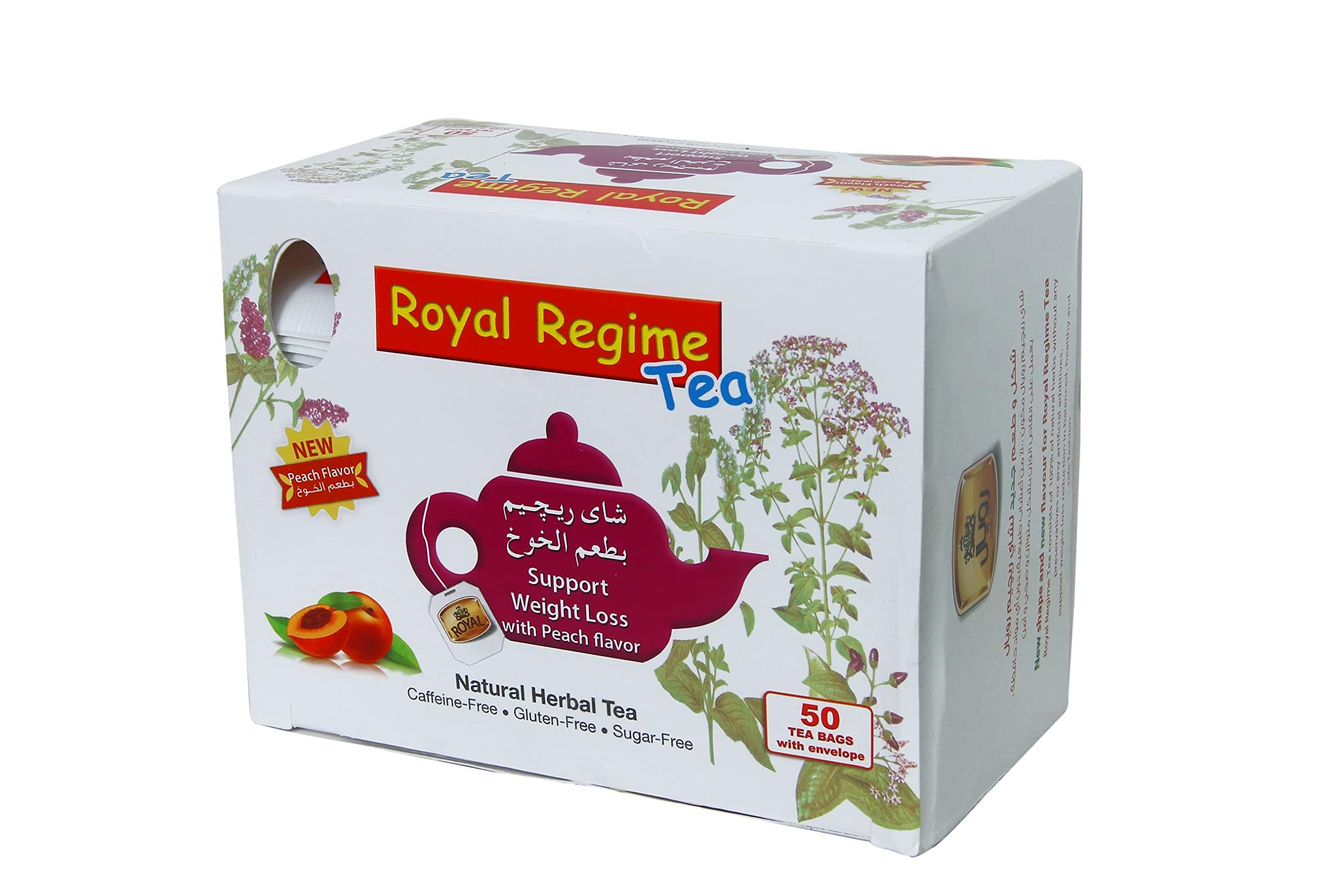 REGIME TEA Royal Regime Tea - New PEACH Flavour, All Natural Flavour, Zero Calories - Improves Metabolism & Reduces Waist, 100 Grams, Pack of 50 Tea Bags (Product of Egypt)