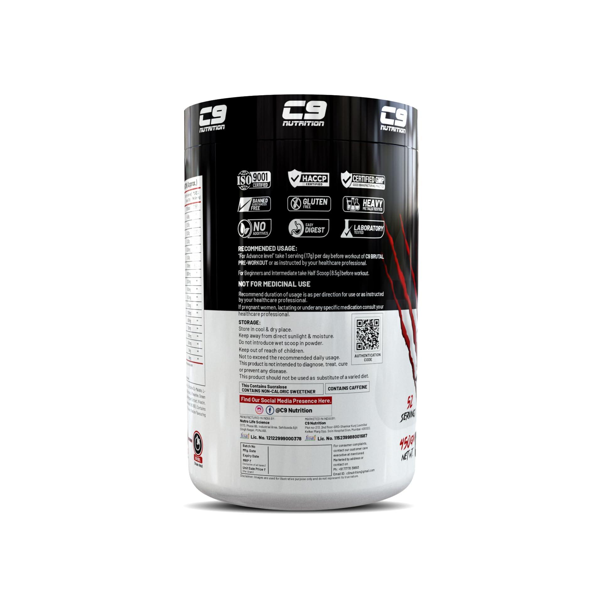 C9 NUTRITION C9 Nutrition Brutal Pre Workout Best|Caffeine 200mg|L Arginine 2000mg|L Citrulline 1500mg|L Taurine 1500mg|Energy Focus Endurance|Energy Drink Supplements for Men & Women (450gm, 52 Serving) (Mix Fruit Blast)