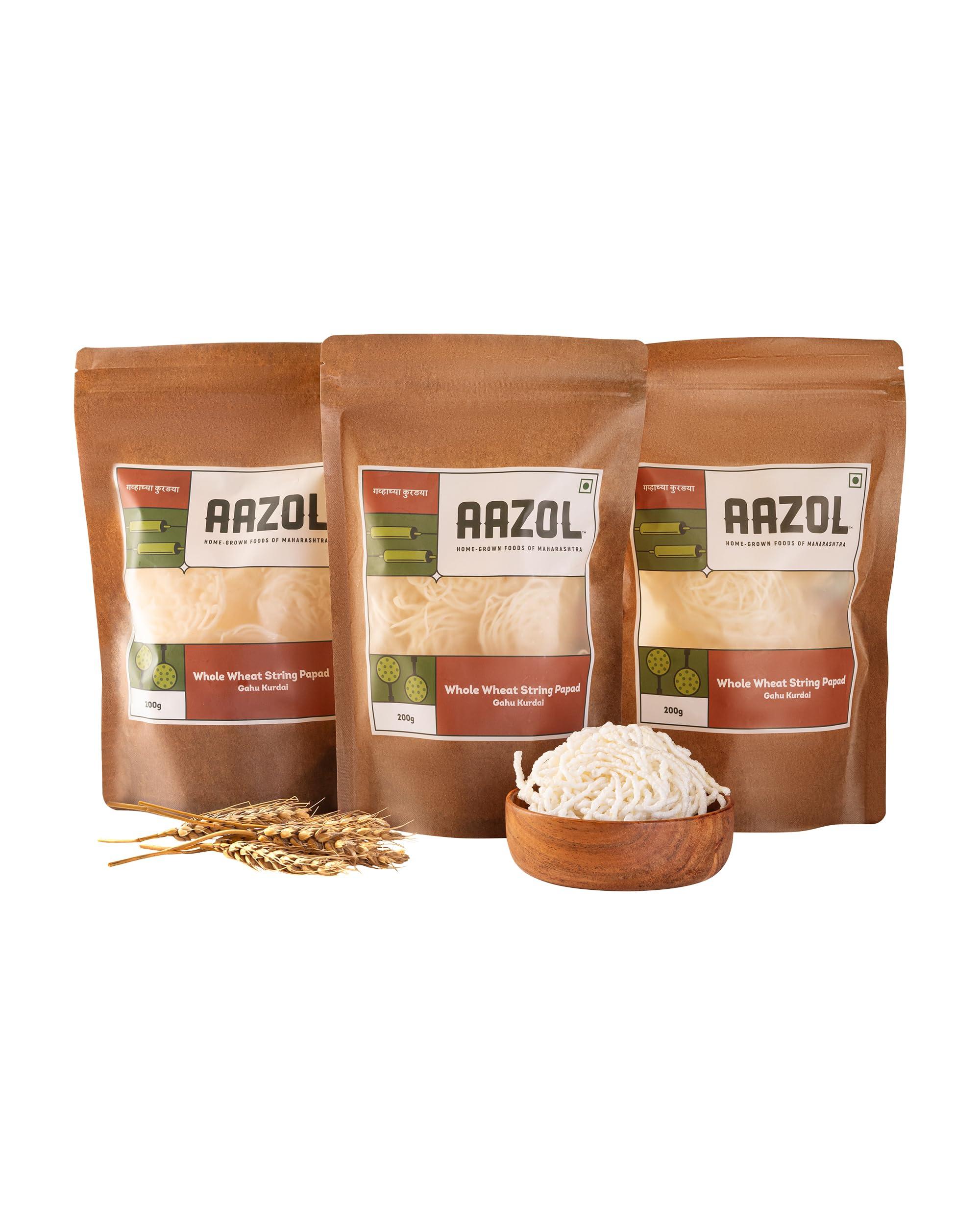AAZOL Aazol Whole Wheat String Papad: Gahu Kurdai - 600gms (Pack of 3-200gms each) | Sun-dried Kurdai Papad | Healthy Indian Snack | Tasty Fryum Option | Perfect Meal Accompaniment