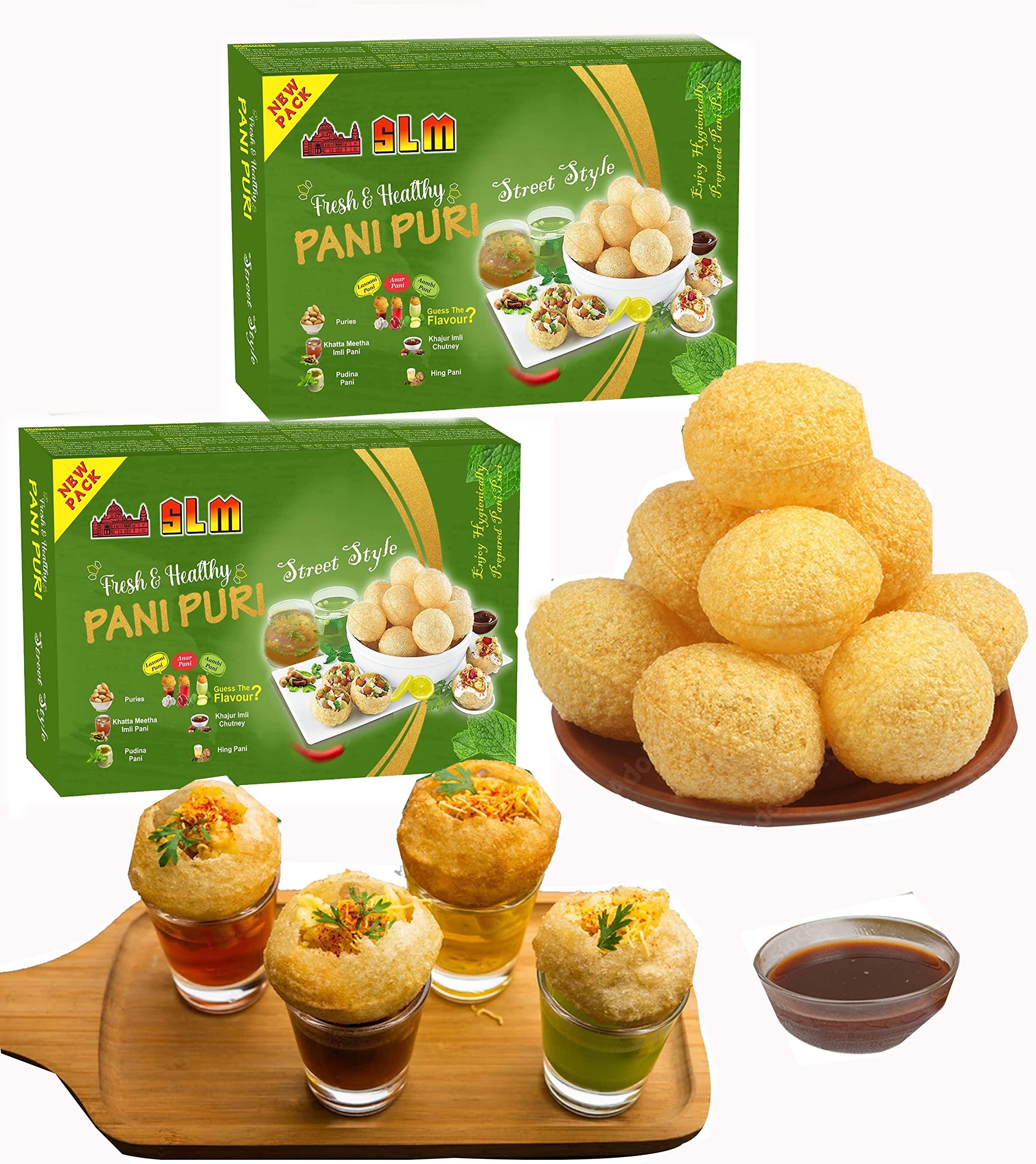 SLM SLM Pani Puri Golgappe Puchka kit with 4 Different Flavours 250g Each Combo (Pack of 2) 100g Puris, Pudhina Pani, Hing Pani, Lasooni Pani, Khatha Meetha Imli Pani and khajur Imli Chutney.