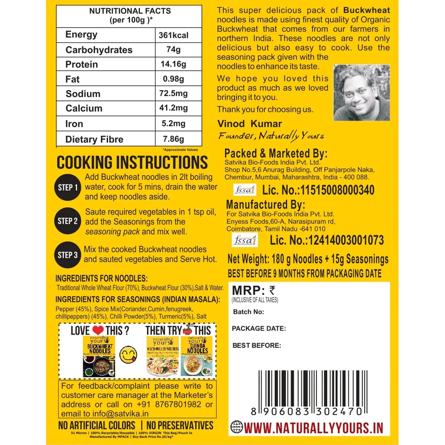 naturally yours Naturally Yours Healthy Buckwheat Soba Noodles, Made with 30% Buckwheat Flour & 70% Whole Wheat, Taste Maker Included, No Maida, Not Fried, 100% Natural, No Artificial Preservatives or MSG, 180g Each, Net Weight 360g (Pack of 2)