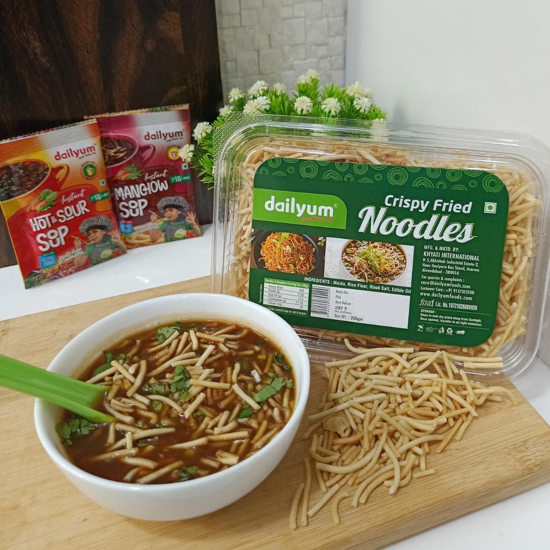 dailyum Dailyum Crispy Fried Noodles + Jain Instant Soup Box-Tomato and Manchow| 8 Single Serve Sachets,12g Each| Sip-A-Soup| Natural | No MSG | Pack of 3 Box