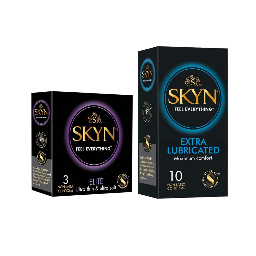 SKYN SKYN Elite ultra thin and ultra soft premium condom 3p and SKYN Extra Lube super soft premium male condom for superior comfort 10p (Pack of 13 non Latex condoms)