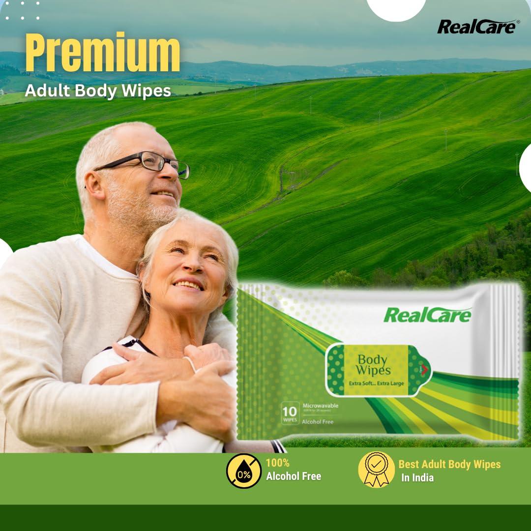 REALCARE Realcare Adult Body Wipes,Pack of 1 (10 counts), Extra soft and Length Body Wipes,Bed bath wipes, Hygienic and cleansing wet wipes, Antibacterial and Alcohol free bed bath wipes, 320 * 320 mm.