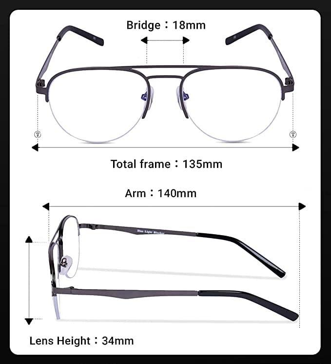 Eymen I Eymen I Blue Light Glasses for Men Semi Rim Glasses Crystal Lens Rimless Glasses Computer Glasses UV Blocking Gaming Eyeglasses (Semi-Circular Aviator)