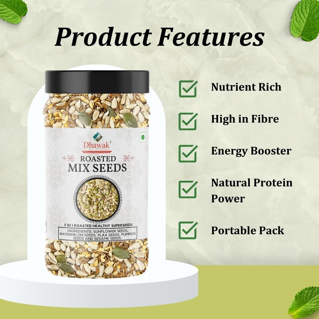DHAWAK Dhawak Roasted Seeds Mix - 250 Gms. | Roasted and Lightly Salted (Pumpkin Seeds, Sunflower, Sesame, Flax Seeds, Watermelon Seeds), Seeds Mix for Eating |Jar Pack|