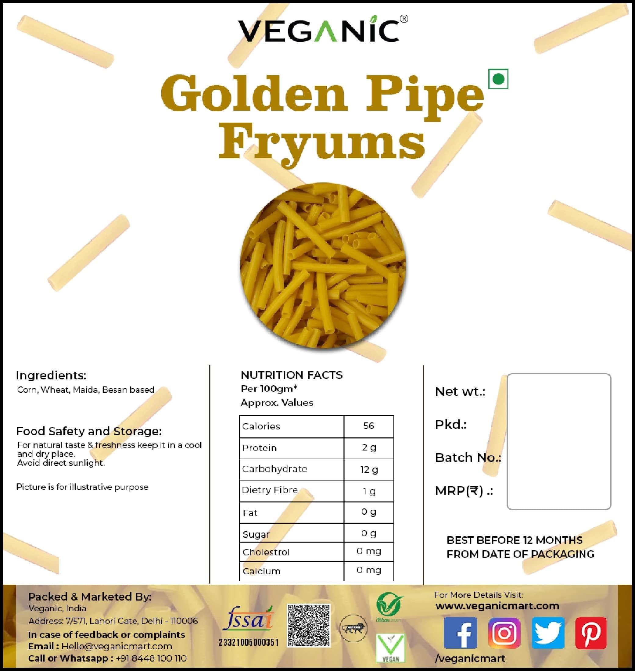 Veganic Veganic Golden Fingers Fryums Ready-to-Fry Papad Snacks With Tastemaker (800 GM)
