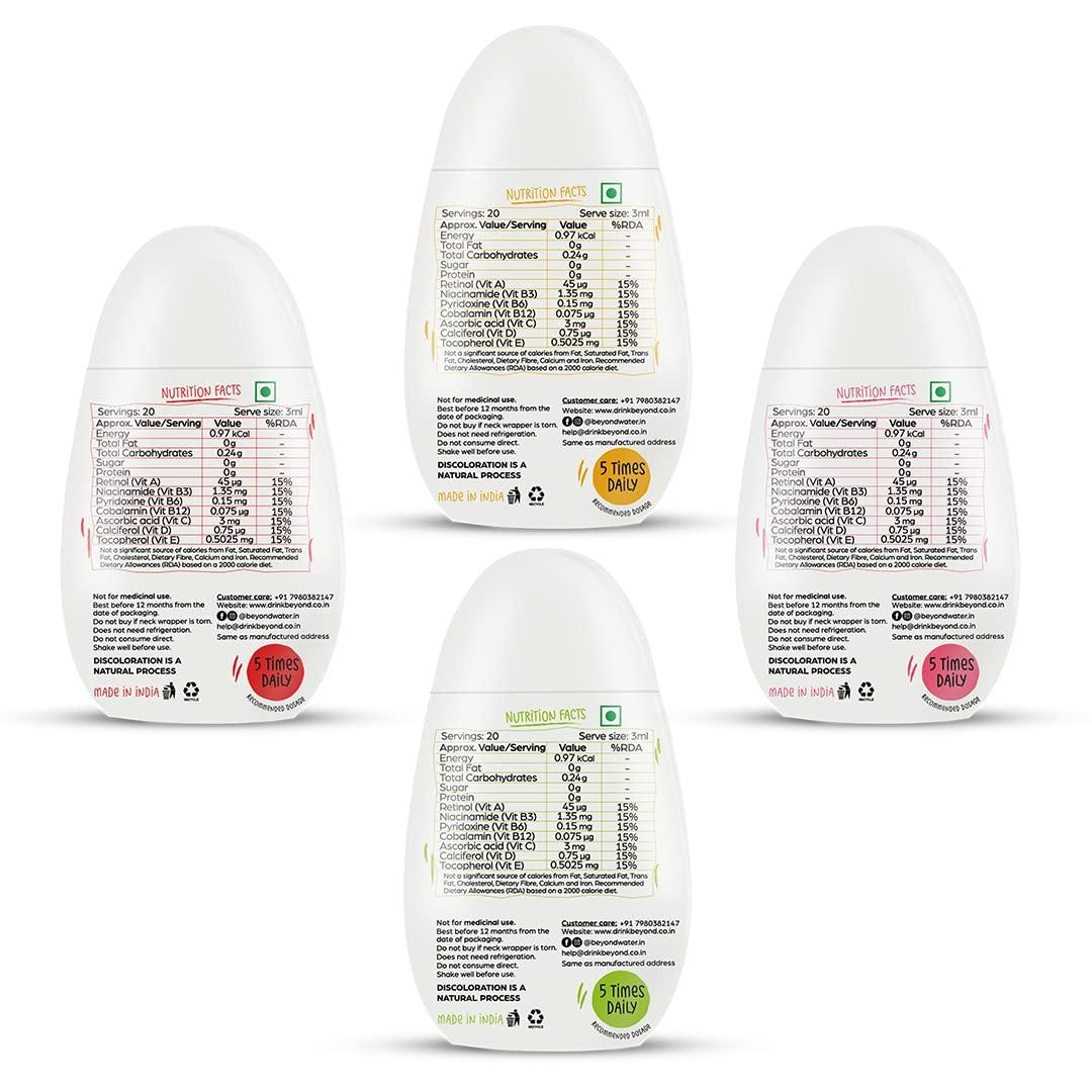 BEYOND WATER BEYOND WATER - (Pack Of 4 X 20 Servings) Water Enhancers|Shark Tank India Products|Sugar Free Instant Drink Mix, Favoured Water Drops (Lemon Mint, Lemon Ice Tea, Strawberry Lemonade, Watermelon Mint)