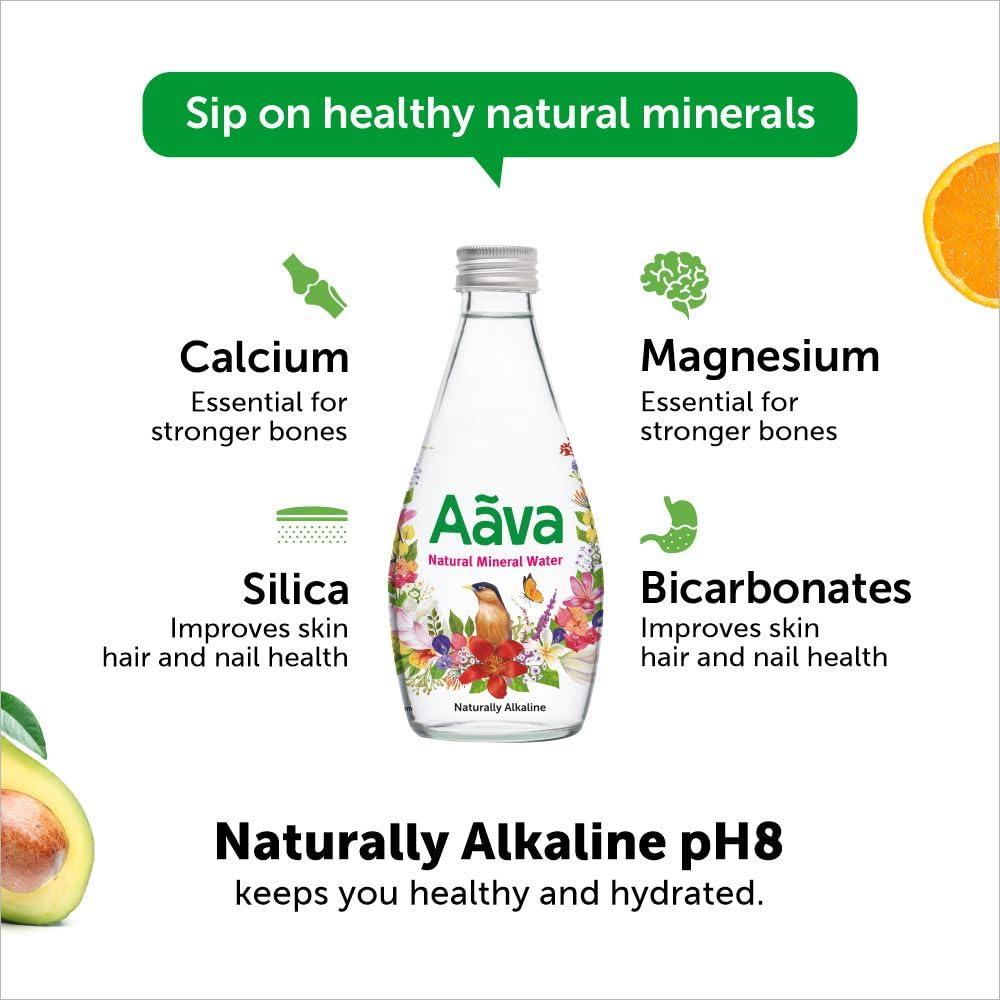AAVA Aava Natural Mineral Water 250 ml Glass Bottle (Naturally Alkaline ; Origin Aravalli Range; pH 8+; Natural Fortified with Calcium and Magnesium) (Pack of 8)