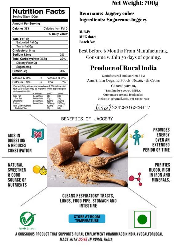 Amirtham Organic Foods Natural Jaggery Cubes (700g x Pack of 5) by Amirtham Organic Foods