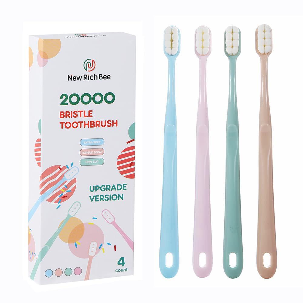 newrichbee Newrichbee 4 Pack Micro Nano Extra Soft Toothbrush for Adults, 20000 Bristle, Soft Toothbrush for Sensitive Teeth or Gum Clean Effectively (Blue, Green, Pink, Flesh)