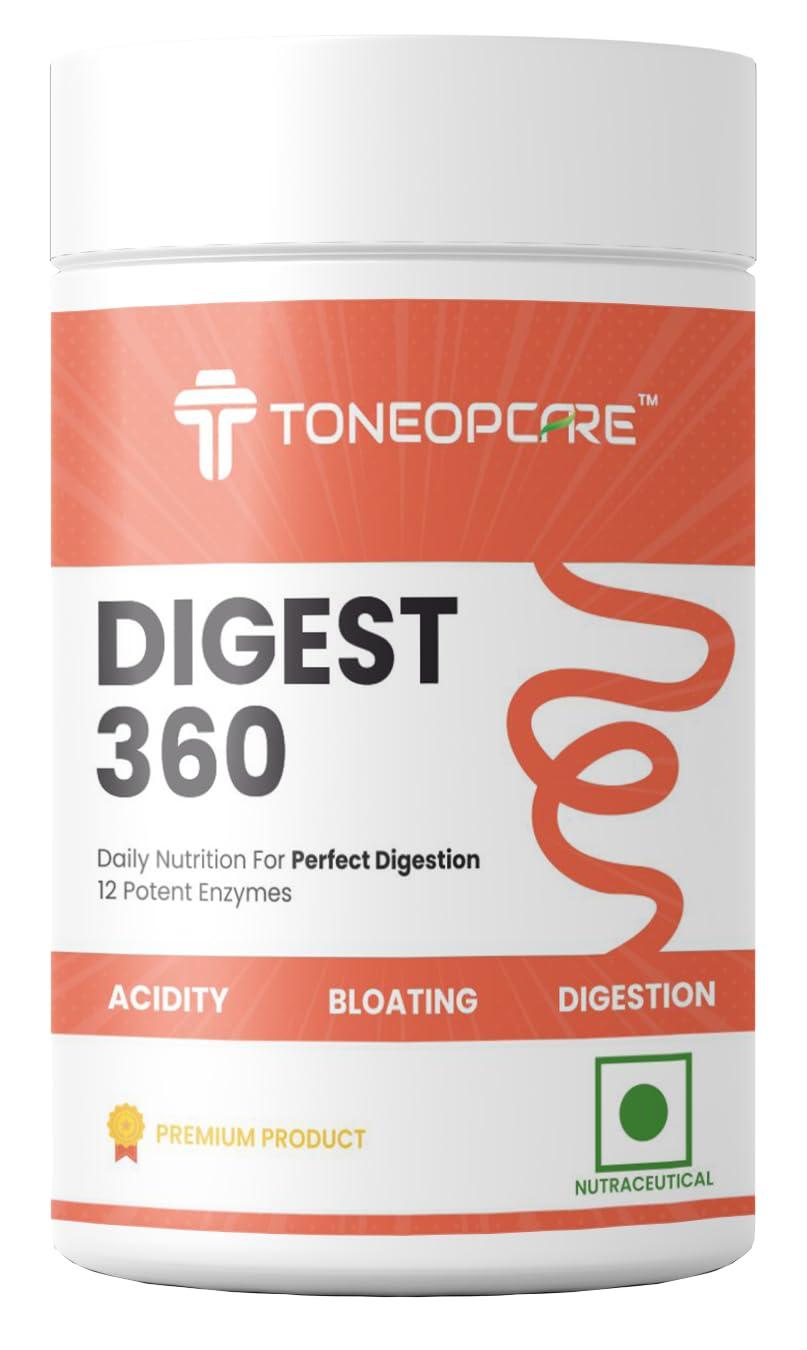 ToneOp Care ToneOp Care Digest 360 - Improves Digestion & Relief From Bloating | Helps in Reducing Acidity | With a Powerful Blend of 12 Enzymes | For Complete Digestive Care | 60 Tablets