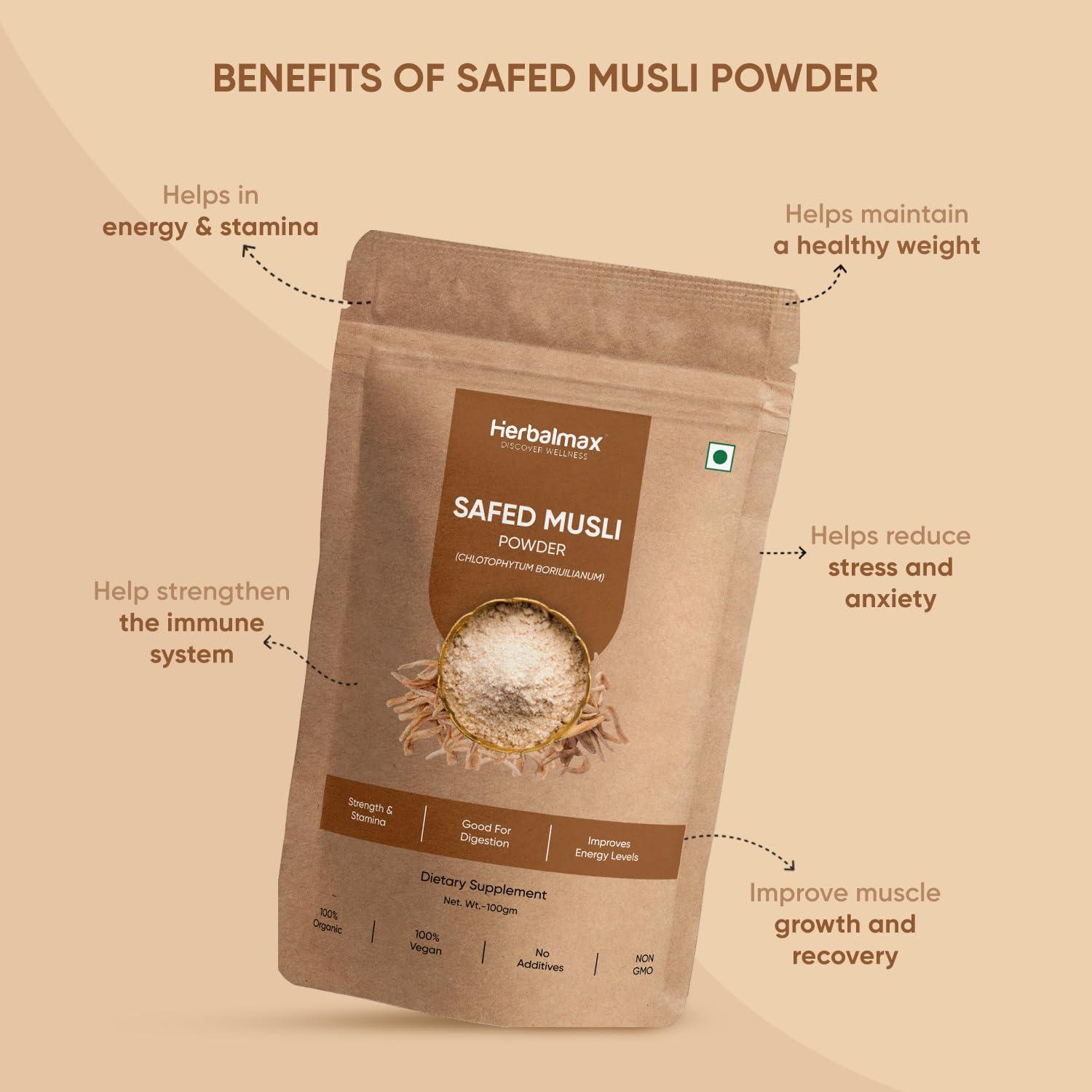 Herbal max Herbal max Organic Safed Musli Root Powder - 100 gm | Ayurvedic Support for Vitality & Performance | Herbal Supplement | Strength & Stamina