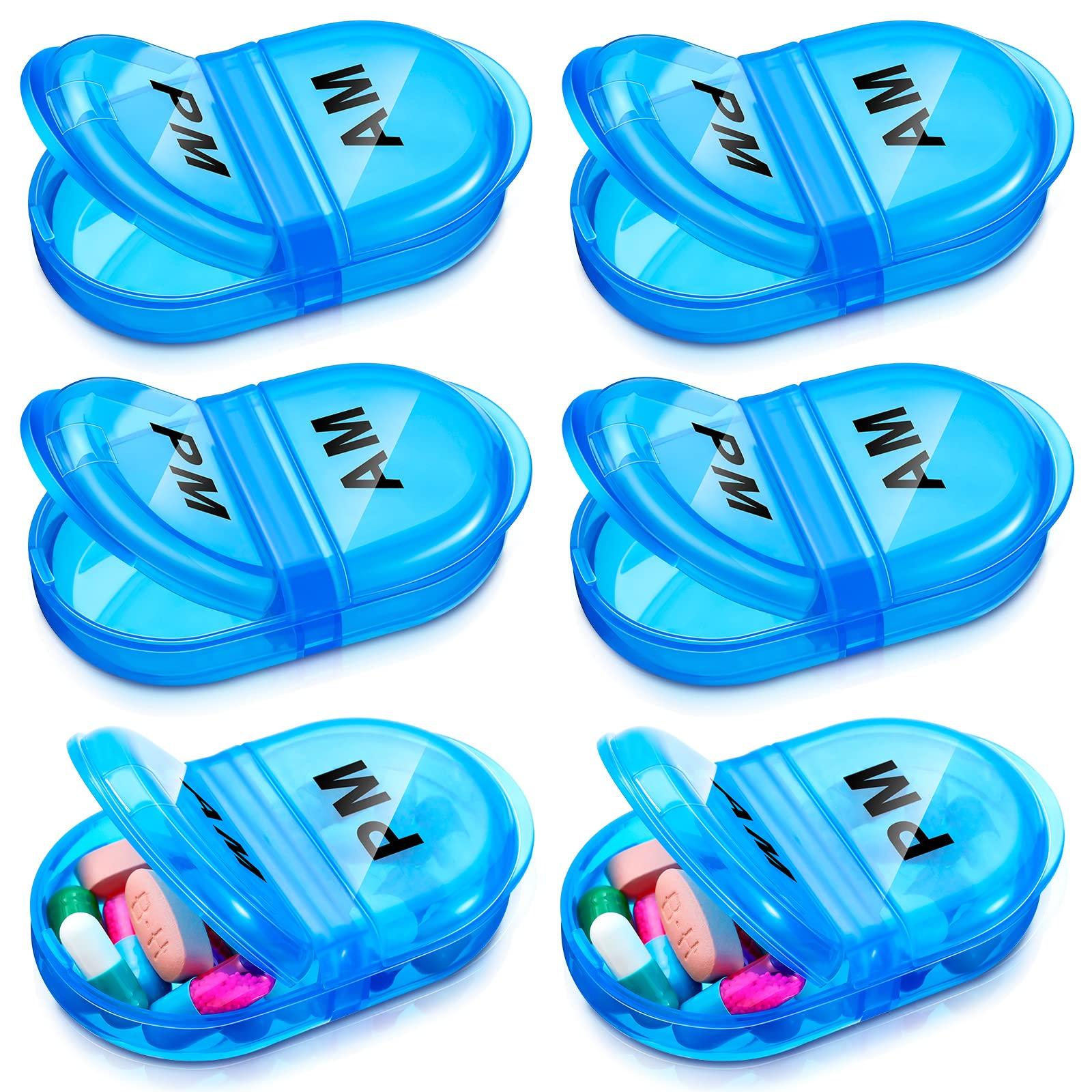 Zubebe 6 Pack Pill Organizer Pocket Small Case Holder AM PM Pill Organizer Portable Two Compartment Pill Case Round Pill Container Travel 2 Times a Day for Vitamin Medication Supplement