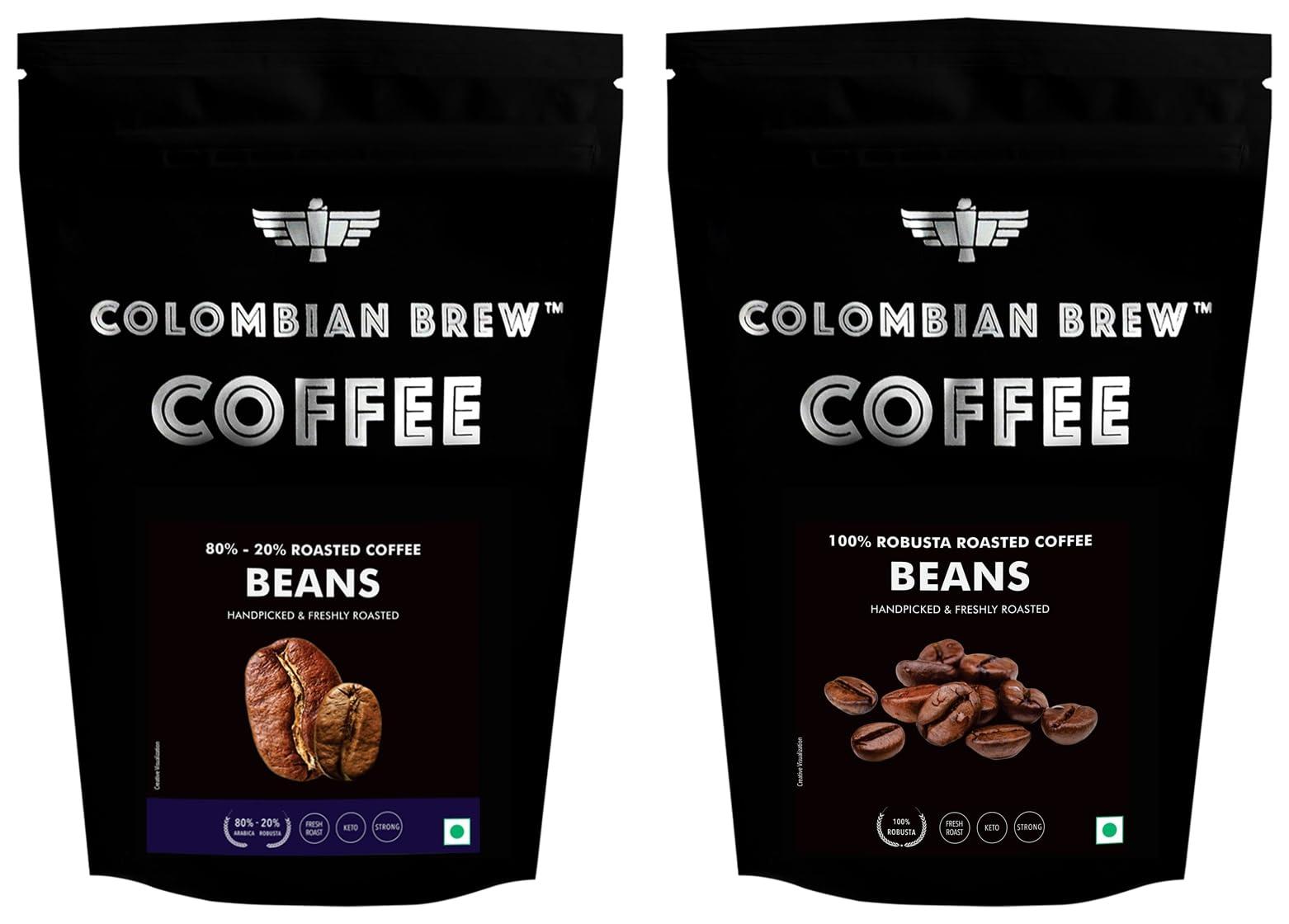 COLOMBIAN BREW COFFEE Colombian Brew 80-20 Arabica Robusta Roasted Coffee Beans 1kg & Colombian Brew 100% Robusta Roasted Coffee Beans 1kg