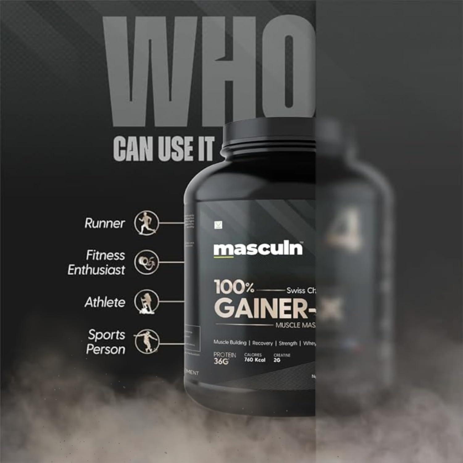 MASCULN MASCULN Mass Gainer Powder 3kg | Lean Muscle Whey Protein Mass Gainer | 36g Protein | Reduces Muscle Breakdown | Mass Gainer Supplement Powder for Men and Women (Swiss Chocolate, 3 kg) Free Shaker