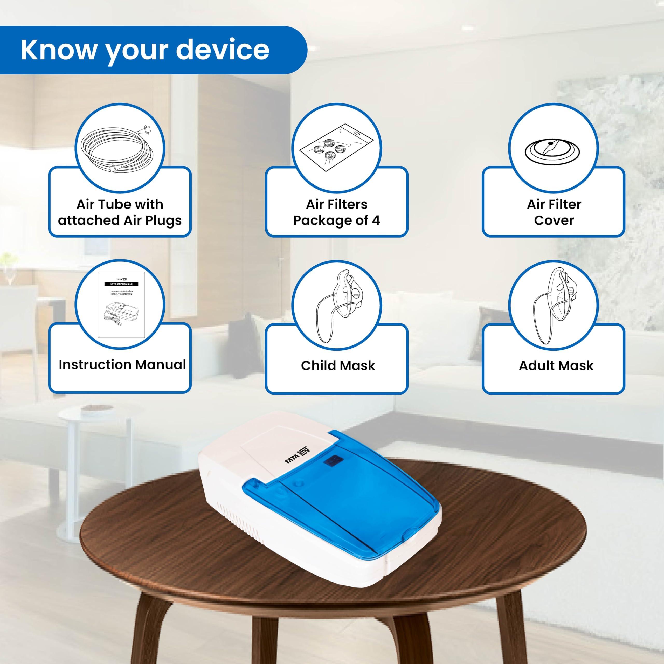 TATA 1MG Tata 1mg Compressor Nebulizer for Kids and Adults with 5 attachments for effective medication delivery