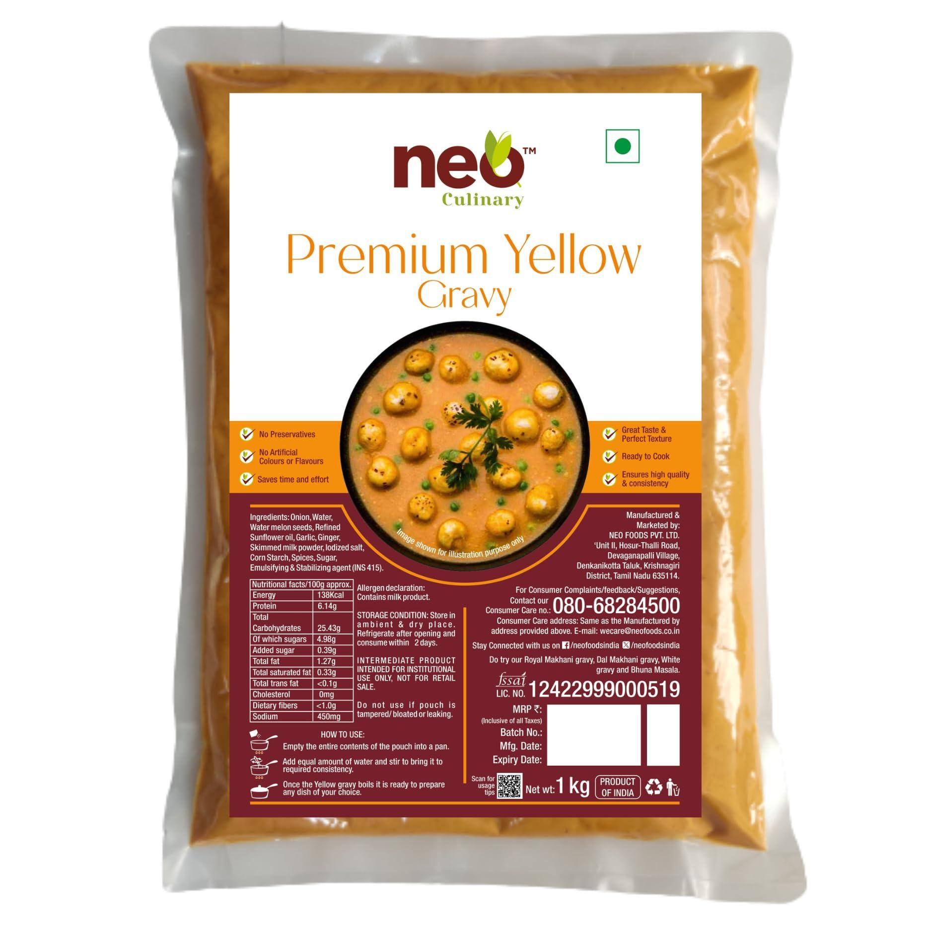Neo Neo Yellow Gravy 1 Kg l Restaurant Style, Master Chef Choice Gravy I Concentrate - Add water to make Up to 2 kg of Gravy I Ready To Cook & Eat l Use as base for Paneer Zafrani, Aloo Mutter, Navrattan Korma, Shahi Paneer, Mutter Paneer, Chicken Cashew