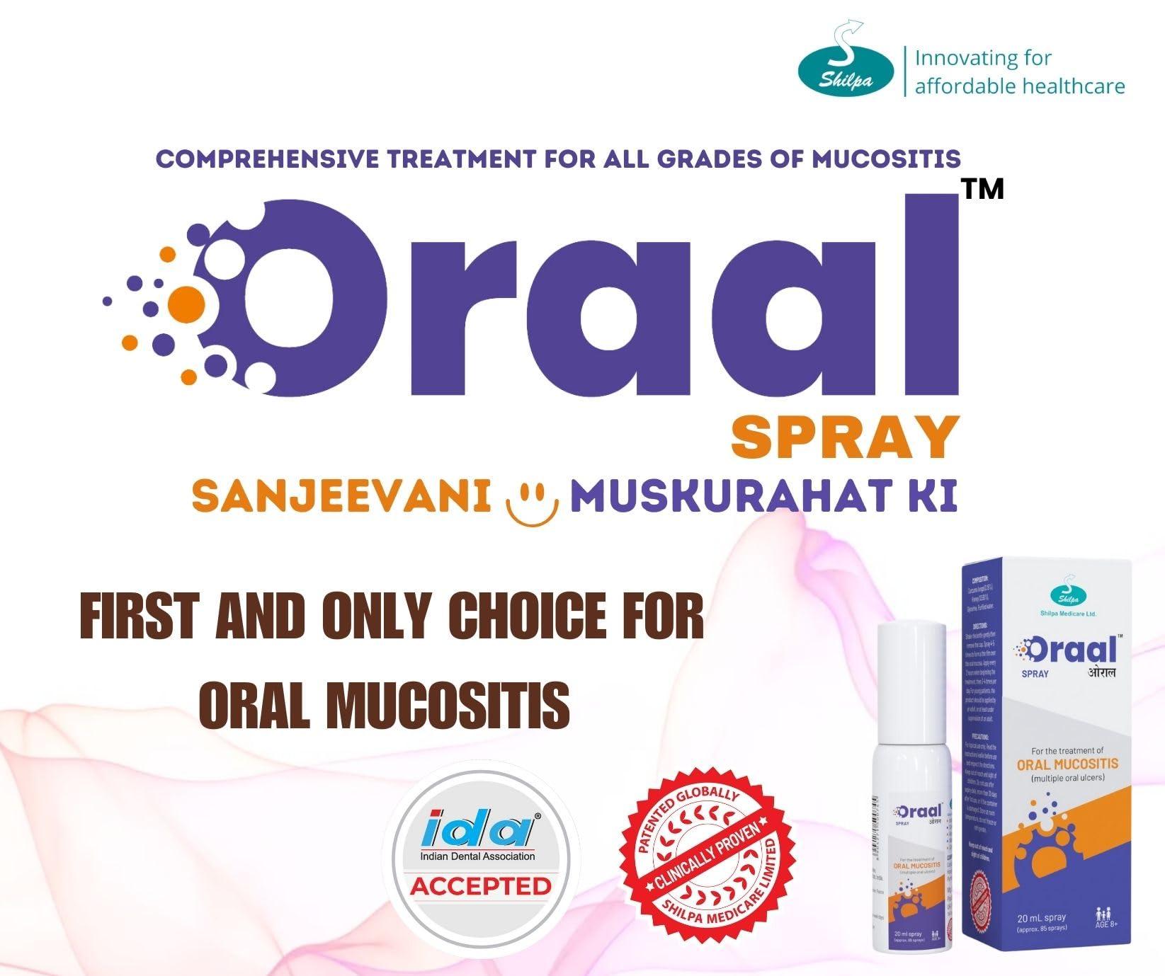 ORAAL ORAAL SPRAY 20ml mouth spray| Mouth Ulcers|Oral Mucositis |Mouth Sores| 100% relief |No Colors| No Alcohol| Suitable for all ages above 8Yrs| 20ml | Pocket friendly Pack| 100% Natural & Patented