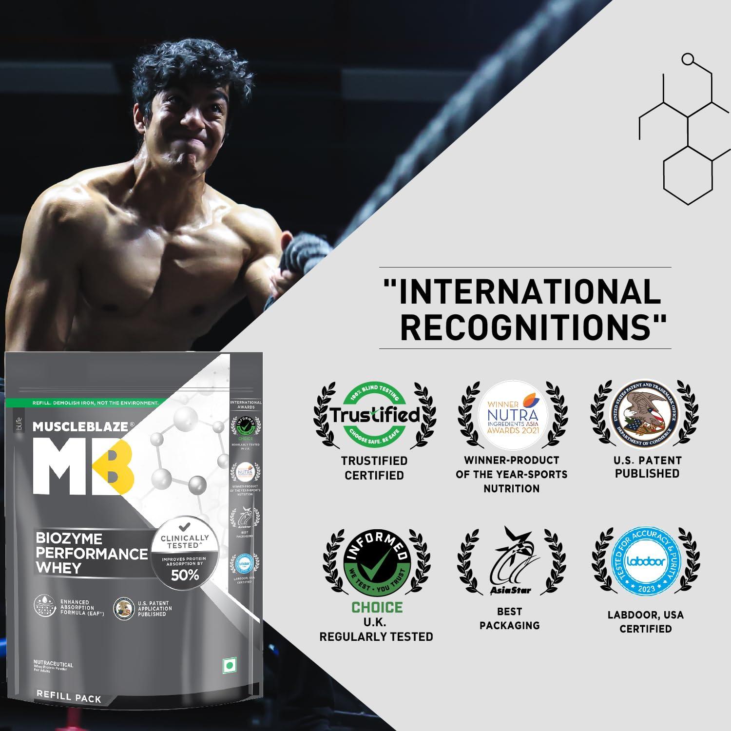 MuscleBlaze MuscleBlaze Biozyme Performance Whey Protein | Clinically Tested 50% Higher Protein Absorption | Informed Choice UK, Labdoor USA Certified & US Patent Filed EAF (Rich Chocolate, 1 kg Refill Pack)