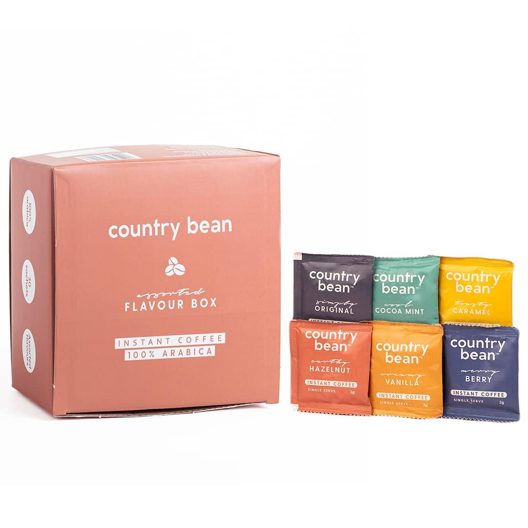 Country Bean Country Bean Assorted Flavour Box (2g x 30 sachets) | 100% Arabica Coffee, Freeze-dried, 6 Sachet Flavours - Hazelnut, Caramel, Vanilla, Original, Blueberry Muffin, Strawberry Cheesecake