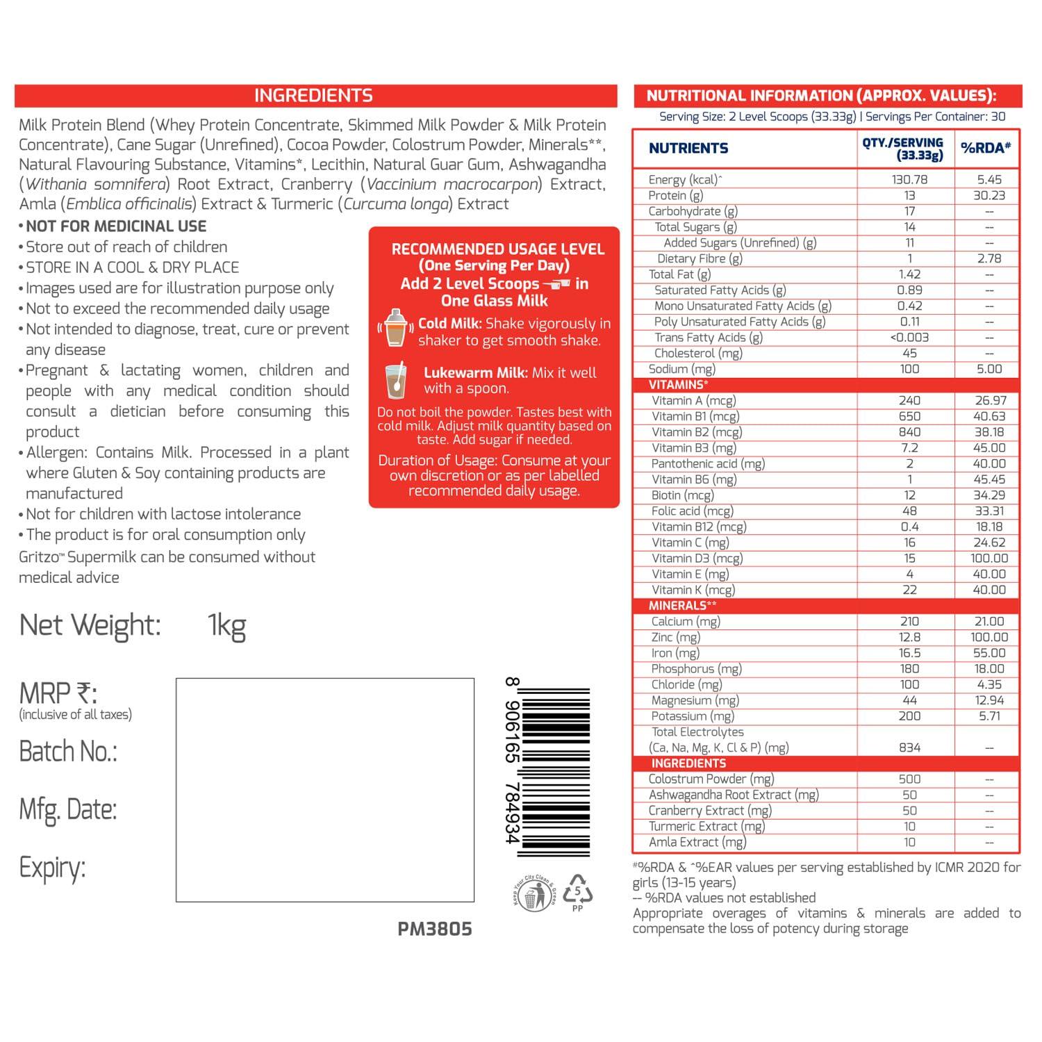 Gritzo Gritzo SuperMilk Height+ (13+y Girls), 13g Protein (Double Chocolate, 1kg) | Zero Refined Sugar, 21 Vitamins & Minerals