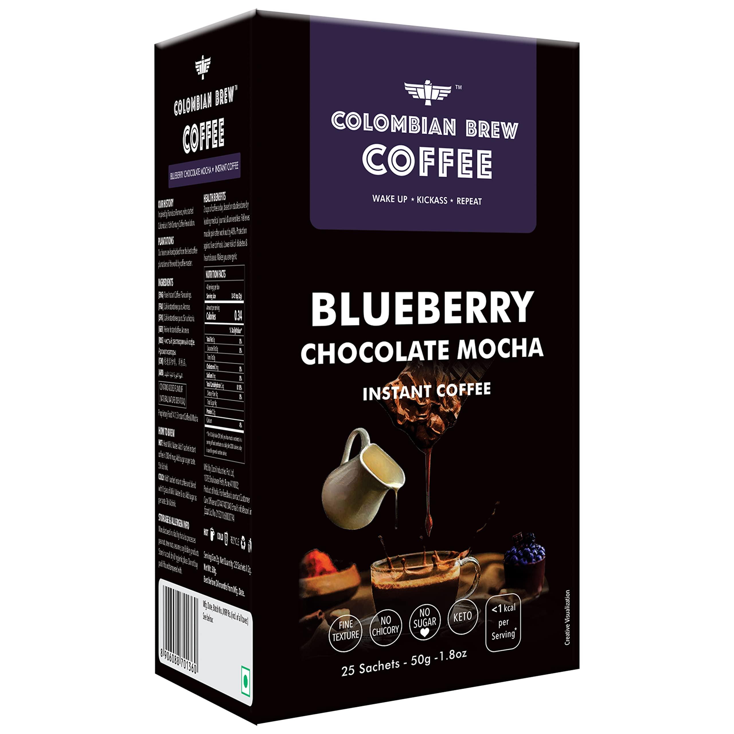 COLOMBIAN BREW COFFEE Colombian Brew Coffee, 100% Arabica Green Coffee Powder 200g & Colombian Brew Blueberry Chocolate Mocha Instant Coffee, No Sugar Vegan, 50g
