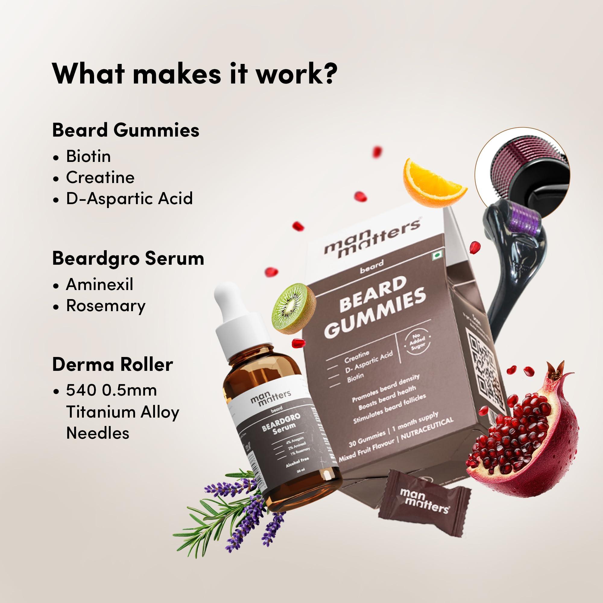 Man Matters Man Matters Ultimate Beard Growth Kit With Beard Serum, Beard Gummies & Advance Derma Roller | With 4% Anagain, 1% Rosemary, Biotin | For Beard Growth & Nourishment | SLS & Alcohol Free, 100% Vegan