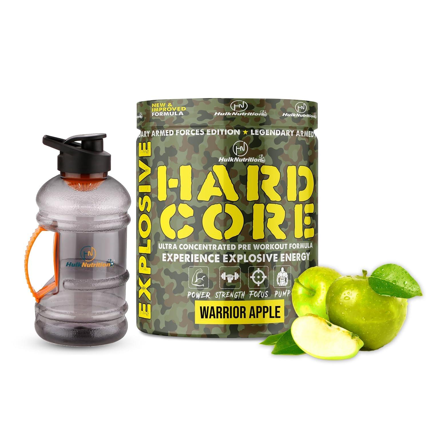 HulkNutrition Hulk Nutrition Hardcore Pre-Workout Supplement, Energy Drink with Creatine Monohydrate, Arginine AAKG, Beta-Alanine, Explosive Muscle Pump, Caffeinated Punch - For Men & Women [30 Servings, Warrior Apple] Free Gallon Shaker Bottle