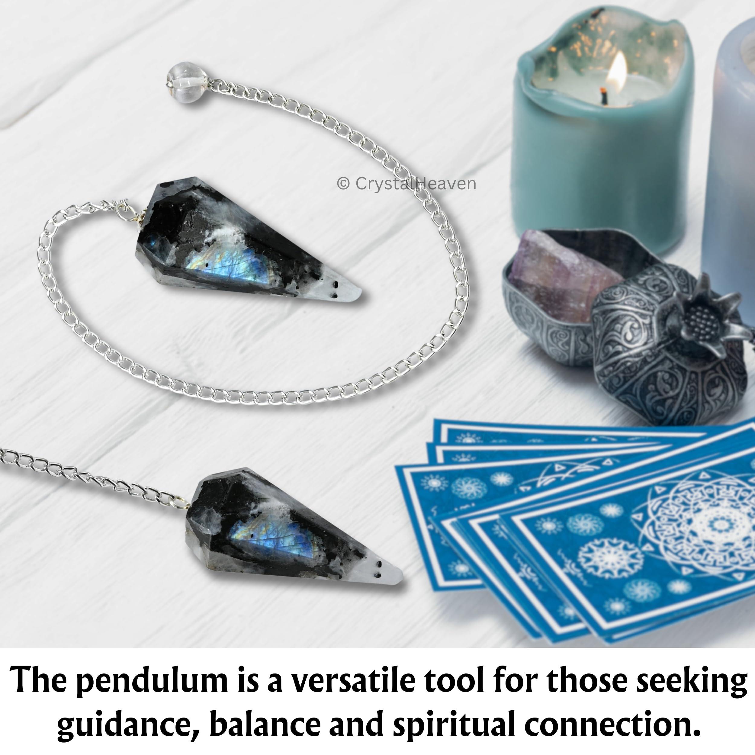 Crystal Heaven Rainbow Moonstone Pendulum Dowsing Tool - Natural Crystal Pendulum for Spiritual Guidance - Premium Dowser Pendulum for Accurate Divination and Energy Healing - Perfect for Energy Healing and Chakra Balancing - Handcrafted with Precision and Elegance