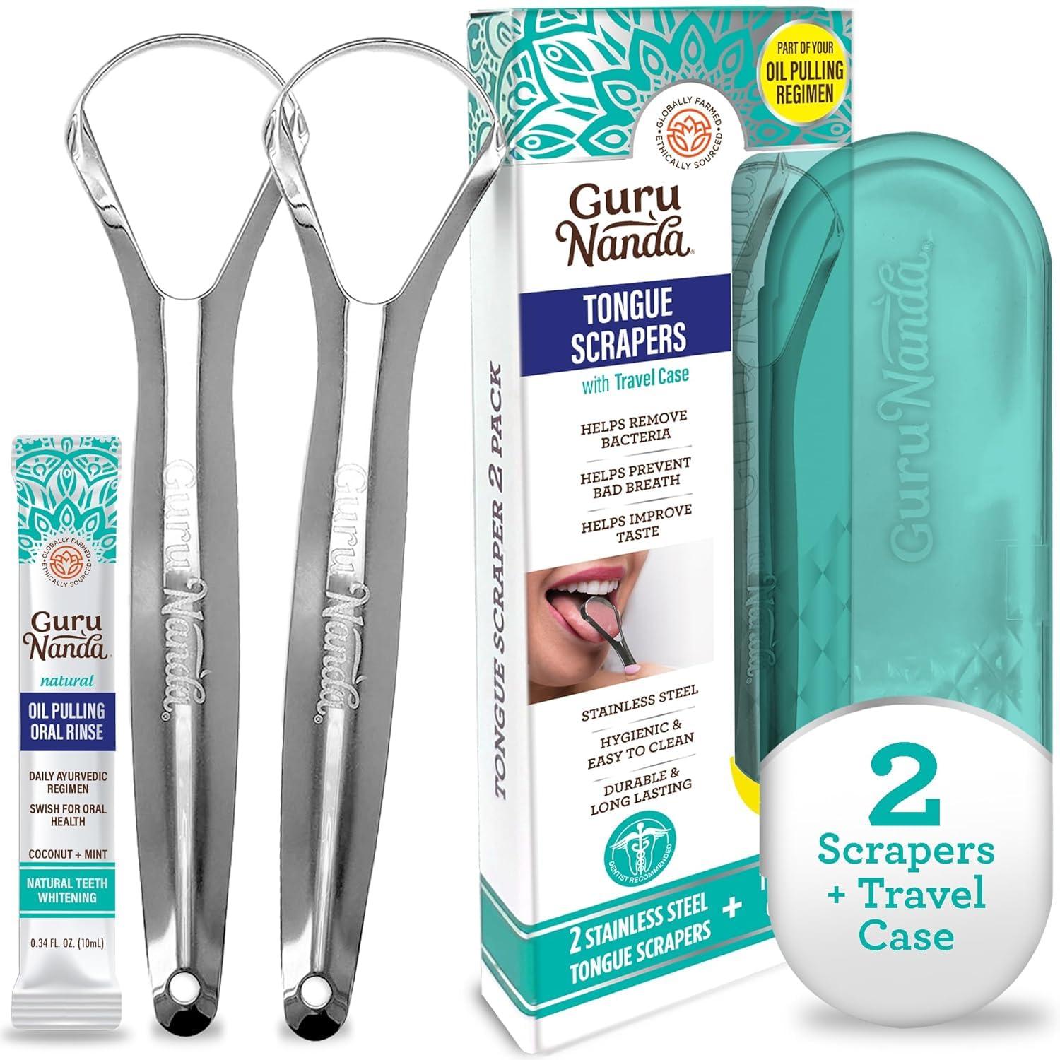 GuruNanda Guru Nanda Stainless Steel Tongue Scraper (Pack of 2), Fights Bad Breath, Medical Grade 100% Stainless Steel, Great for Oral Hygiene, Tongue Cleaner for Adults and Kids