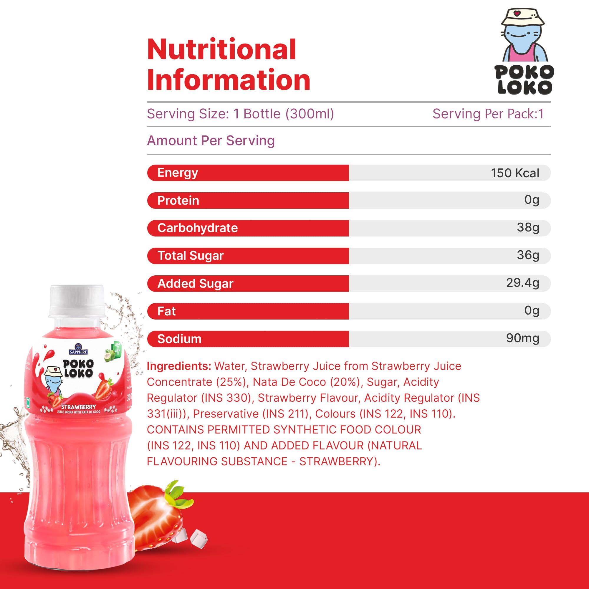 Sapphire Sapphire Poko Loko Strawberry Flavoured Fruit Juice Drink with Nata De Coco | Refreshing Fruit Drink filled with Natural Fruit Fibres, 300ml (Pack of 6)