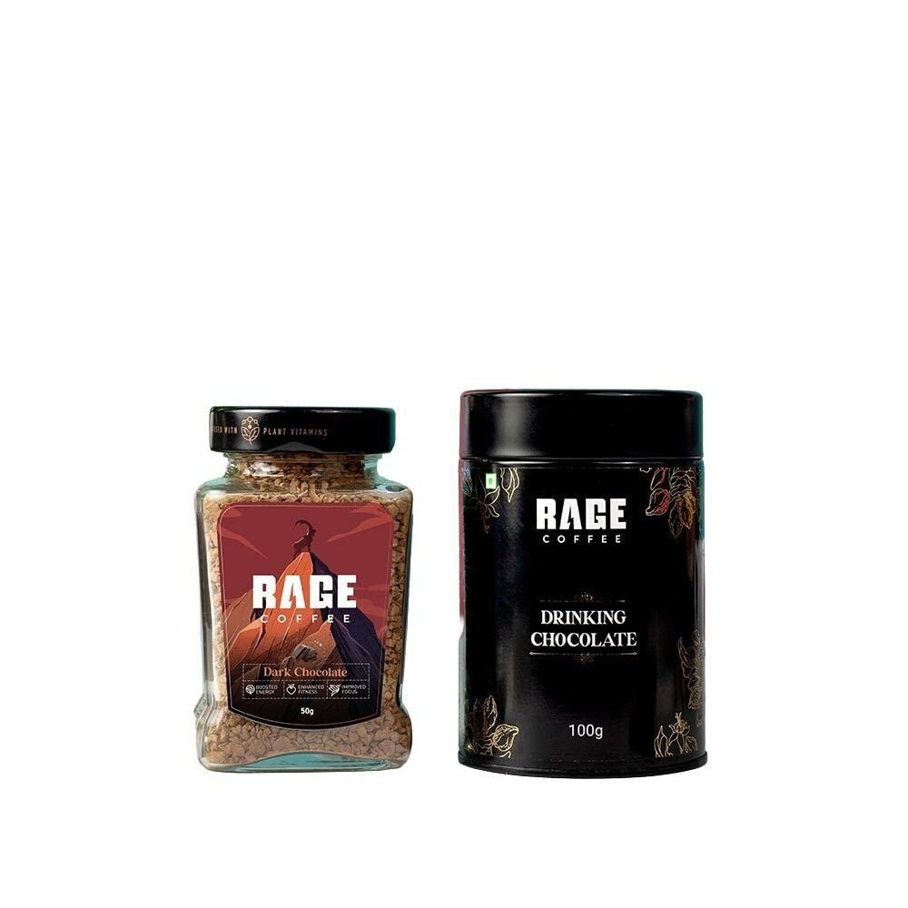 RAGE COFFEE Rage Coffee Combo - Flavoured Instant Coffee With Drinking Chocolate Powder Mix | Dark Chocolate Flavoured Coffee | Coffee, 50 gms & Chocolate Powder Mix, 100 gms | Made In India
