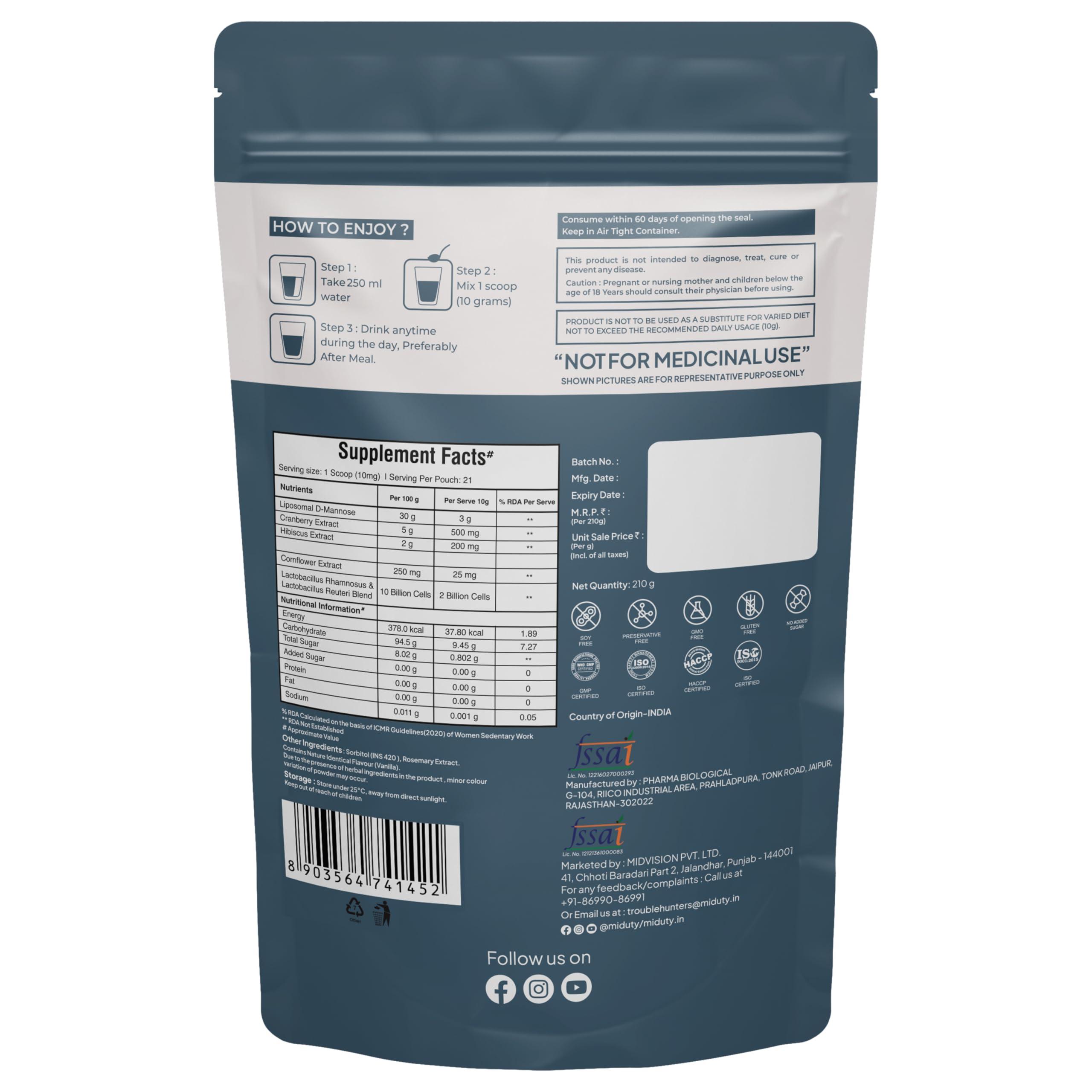 Miduty Miduty by Palak Notes UTI Relief, D-Mannose and Cranberry Supplement Helps in Urinary Tract Infection - Supports Urinary Health - Burning Urine Relief - Vegetarian Formula - 210 Grams