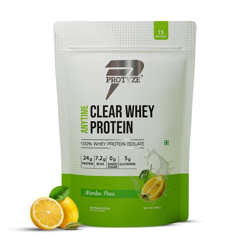 Protyze Protyze Anytime Clear Whey Protein Isolate | 24 g Protein/Scoop | 7.2 g BCAA | Gluten-Free | Low Carb | Light and Refreshing | Muscle Growth & Recovery (15 Servings, Nimbu Pani)