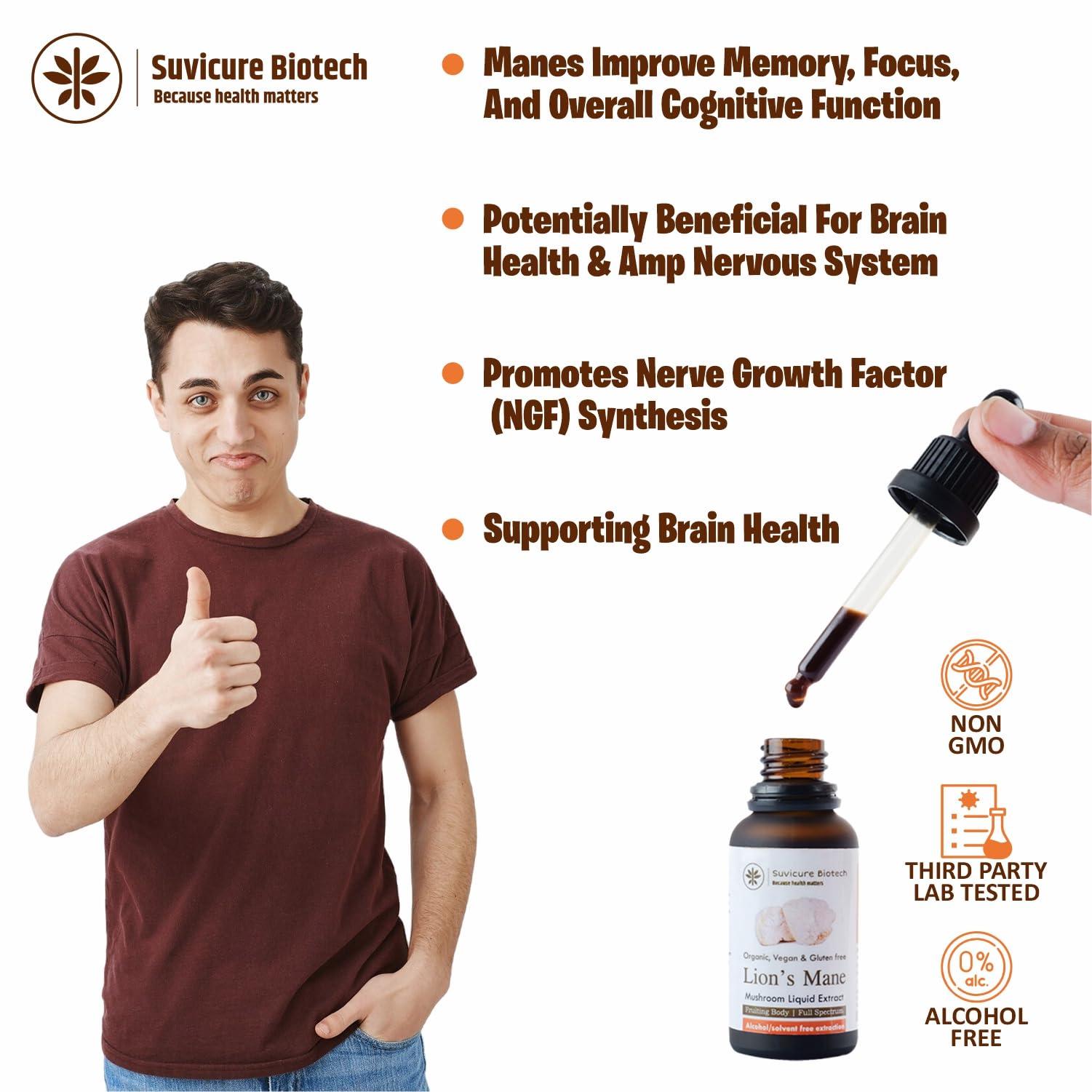 Suvicure Biotech Suvicure Biotech Lion\'s Mane Mushroom Liquid Extract - 30ml | Supports Cognitive Function, Focus, Mental Clarity, Mood, and Brain Health | Natural Herbal Supplement | 60 Servings