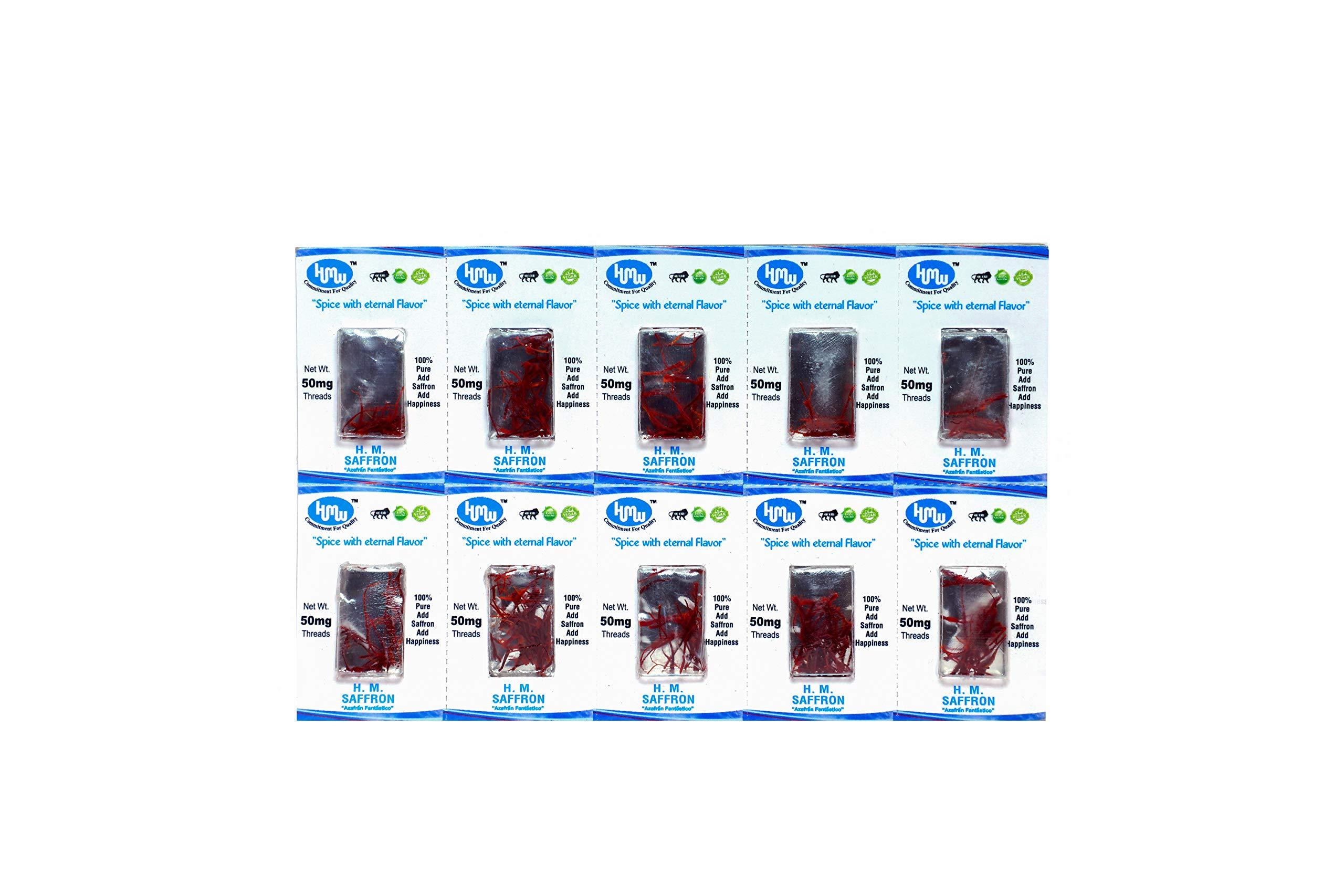 HMW HMW Golden Yellow Kashmir Saffron Original Natural Pure Certified Grade I - 500 milligrams (Pack of 10)