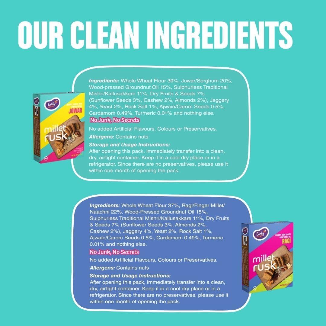 Early Foods Early Foods Assorted Pack of 2: ZERO MAIDA Ragi Rusk & Jowar Rusk | Sugar Free Millet Rusk with Jaggery | No Maida Rusk with Whole Wheat Rusk | Kids Snack | Tea Toast | Millet & Atta Rusk 230g x 2