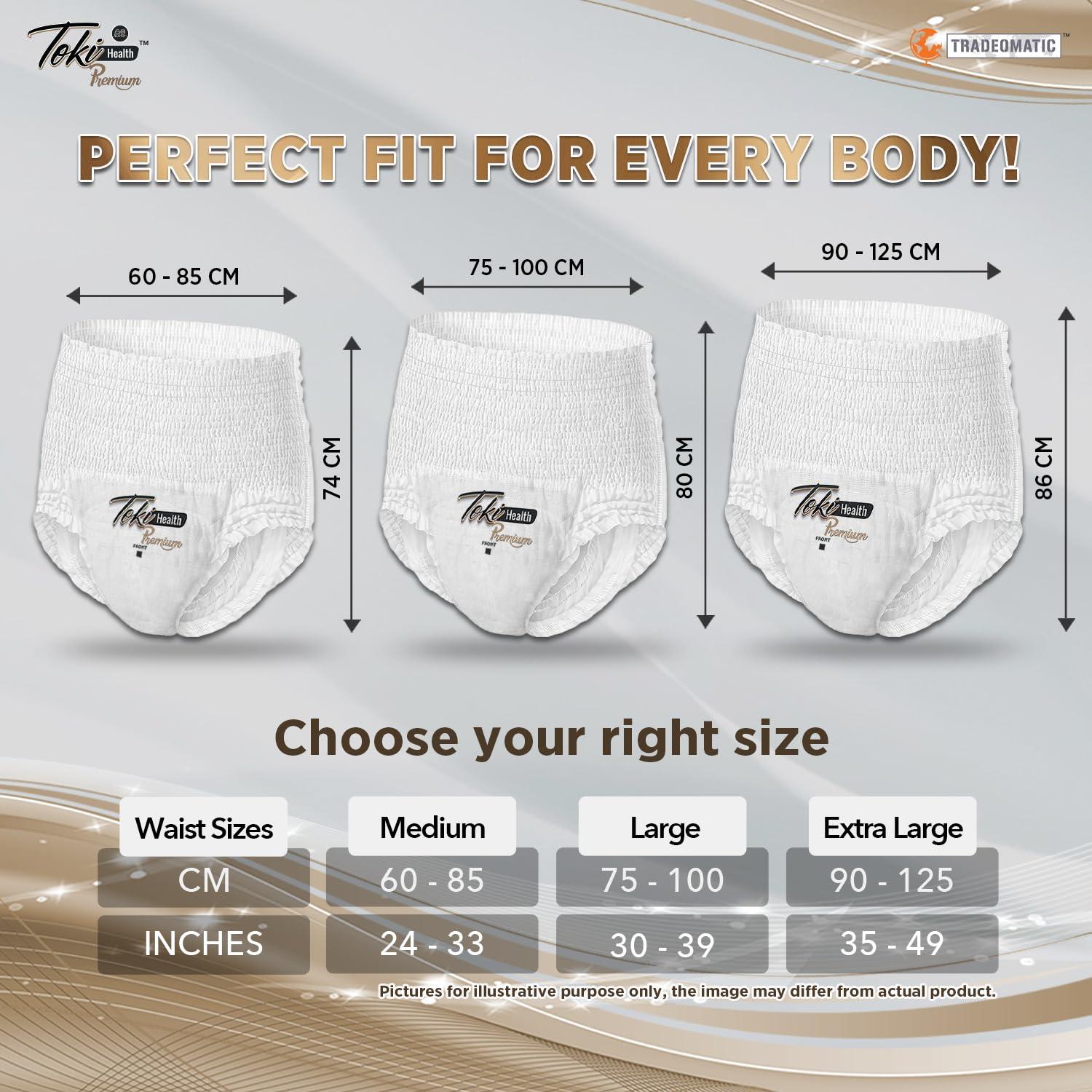 TokiBaby TokiHealth Ultra Thin Premium Adult Diapers Pants Pull Up Style | Large (L) - Waist Size 30 to 39 inches (75-100cm) | Up to 12 Hours Overnight Absorption Protection | Unisex | 10 Counts