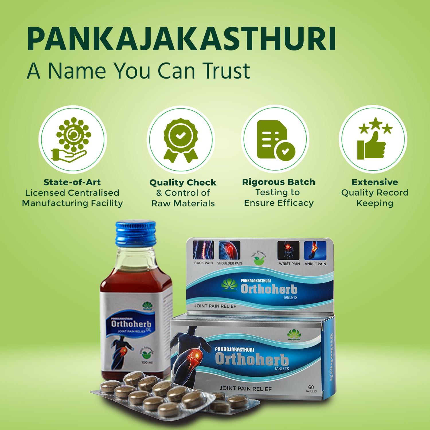 PANKAJAKASTHURI Pankajakasthuri Orthoherb Oil + Tablet Ayurvedic Pain Relief from Joint, Muscle, Back Pain, Sprains, Sports injuries reducing Inflammation and Sciatica - 100 ml + 60Tabs