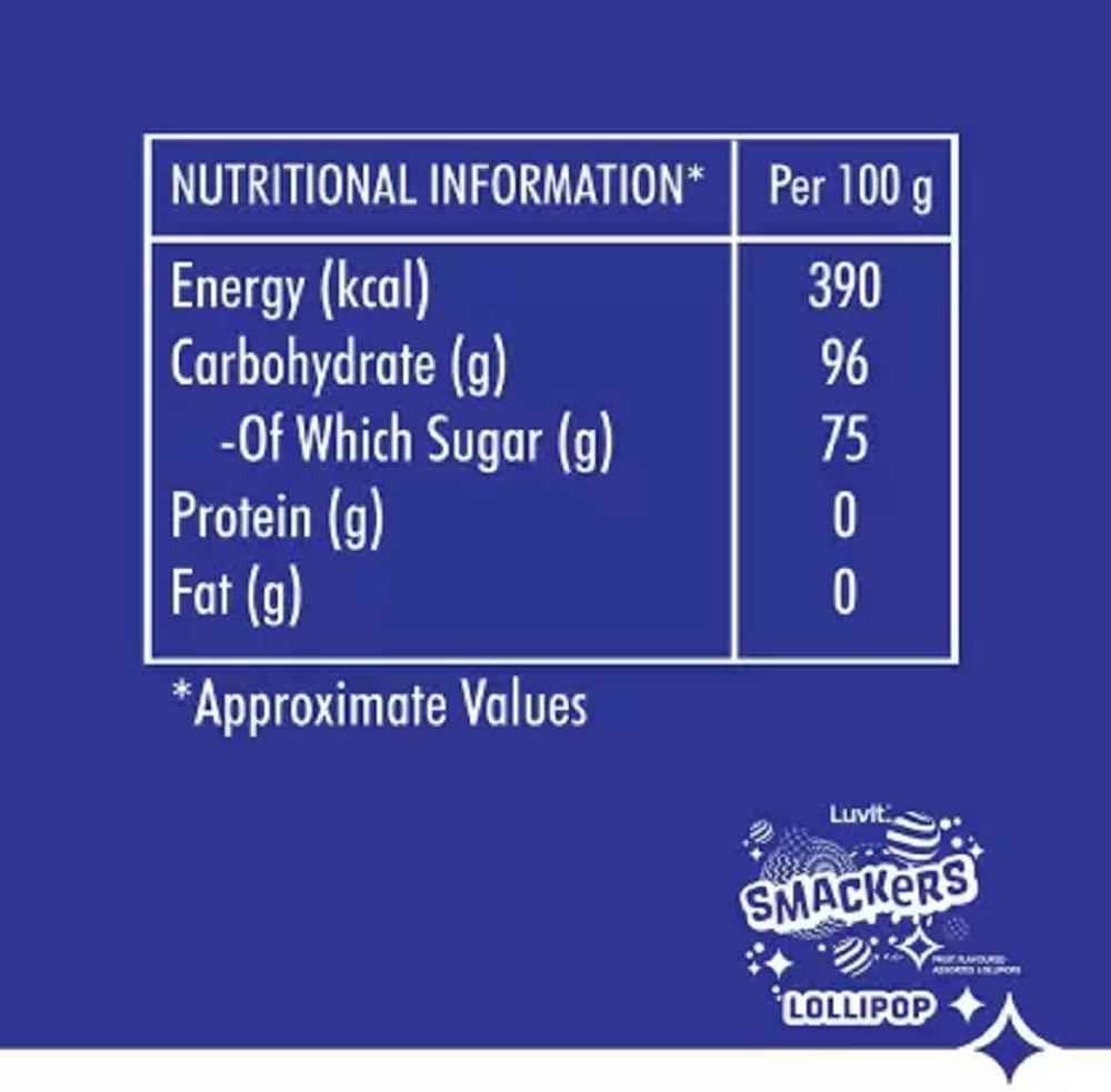 LuvIt. LuvIt Smackers Fruit Flavoured Lollipops 4 exciting Flavours for Kids Mango, Blue Lemonade, Green Apple, Watermelon Lollipop (480 g)