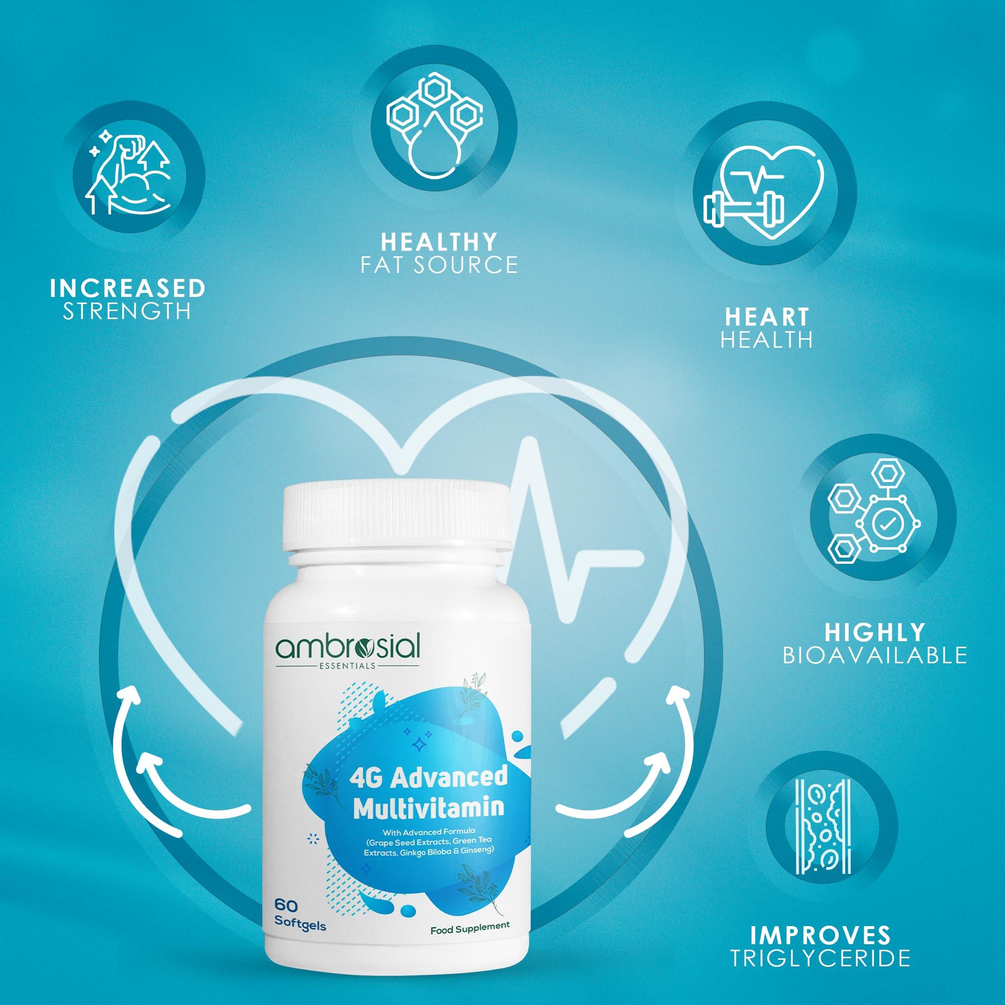 AMBROSIAL Ambrosial 4GAdvanced Multivitamin for Men| High Strength Multivitamin for Women with 45 Essential Vitamins & Minerals| Goodness of Ginseng Green, Tea, Vitamin B12, B7, B9, D3 (Pack of 2-120 Softgels)
