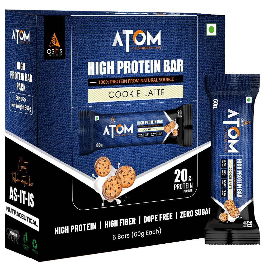 Asitis Nutrition Asitis Nutrition Atom High Protein Bar,20Gm Protein,Zero Transfat,Zero Added Sugar,Whey Protein Concentrate, Isolate & Hydrolysate As Protein Source,Pack Of 6 (60Gm X 6),Lathe Cookie