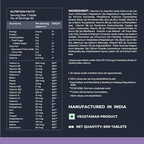 Nutrabay Nutrabay Pro Active Multivitamin for Women - 60 Tablets | Effective Doses of Iron, Vitamin A, B5, B6, C, D, E & K and Multiminerals | Immunity, Hair, Skin, & Bone Support