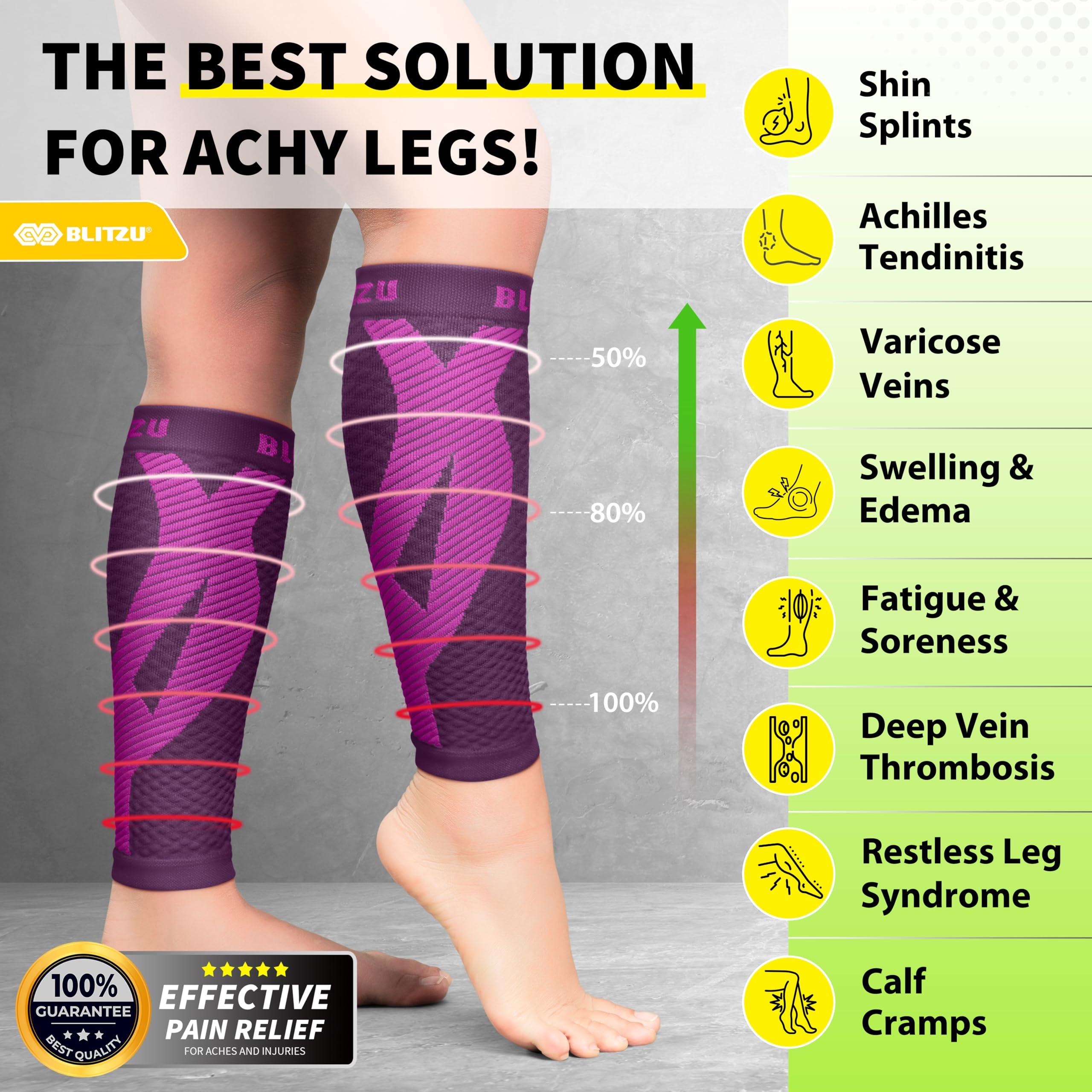 BLITZU BLITZU Calf Compression Sleeve One Pair Leg Performance Support for Shin Splint & Calf Pain Relief. Men Women Runners Guards Sleeves for Running. Improves Circulation and Recovery Purple S/M