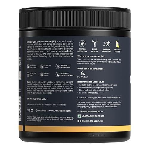 Nutrabay Nutrabay Gold Citrulline Malate 2:1 Supplement Powder - 120g, Lemon Flavor | Boosts Nitric Oxide, Pre Workout Amino Acid for Muscle Strength & Endurance