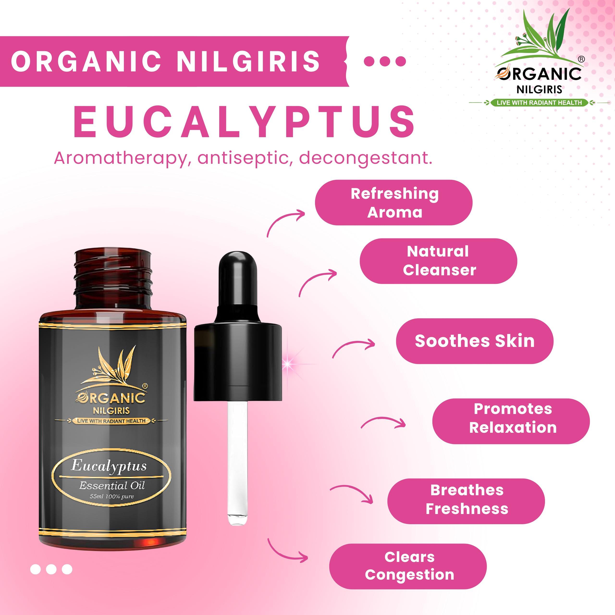 ORGANIC NILGIRIS - Live with Radiant Heath Organic Nilgiris Pure, cold-pressed Natural eucalyptus oil from the Nilgiri region: Pure Refreshing Eucalyptus oil for comfort and relaxation Aroma for Cold Cough wellness Support, Steam Inhalation, Aromatherapy, and Diffuser Bliss-(120ml-3p)