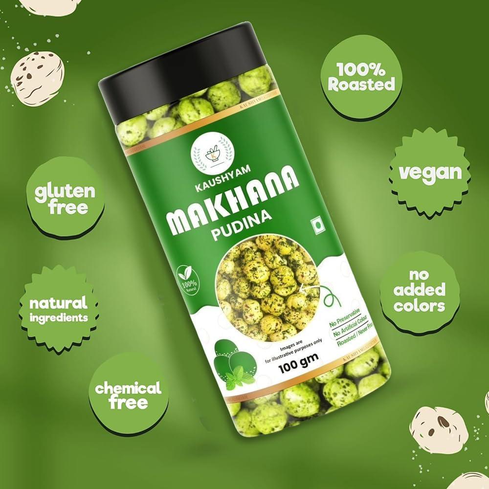 Kaushyam Kaushyam Makhana Roasted Flavoured | Makhana Fox Nut Tasty Crunchy & Healthy Snacks 100 Gm (Pudina Punch)