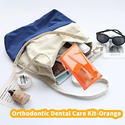 Ceonam Braces Cleaning Kit for Teeth , Portable Orthodontic Toothbrush Kit Oral Care Dental Travel Kit - Interdental Brush Dental Wax Dental Floss Toothbrush Box (Orange)