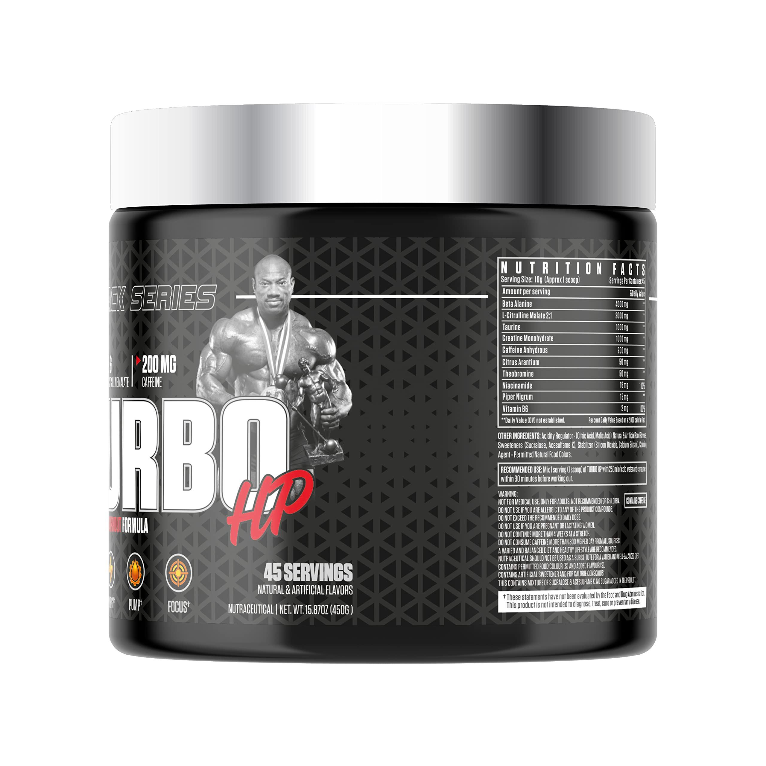 Dexter Jackson Signature Series Dexter Jackson Black Series Turbo HP Pre Workout | Advanced Formula Blood Orange Flavor | 45 Servings, 450g | Boost Energy and Performance